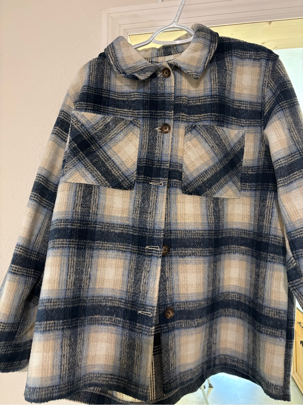 Plaid Button-Up Shacket in Navy, Cream, and Tan
